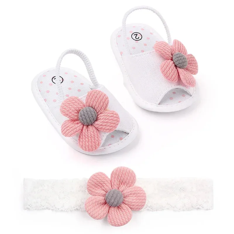 Baby Sandal with Hairband Cute Flower Design Soft Cotton Sandal for Spring and Summer Baby Girl 0-18M