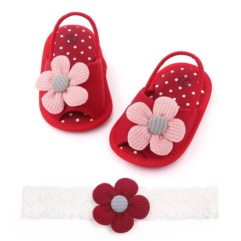 Baby Sandal with Hairband Cute Flower Design Soft Cotton Sandal for Spring and Summer Baby Girl 0-18M