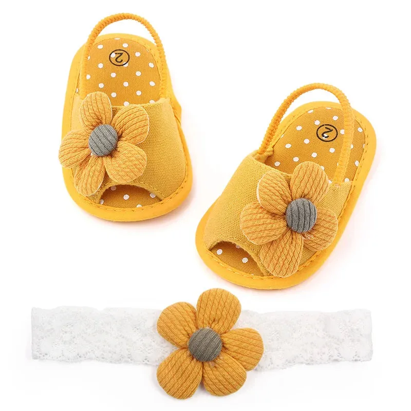 Baby Sandal with Hairband Cute Flower Design Soft Cotton Sandal for Spring and Summer Baby Girl 0-18M