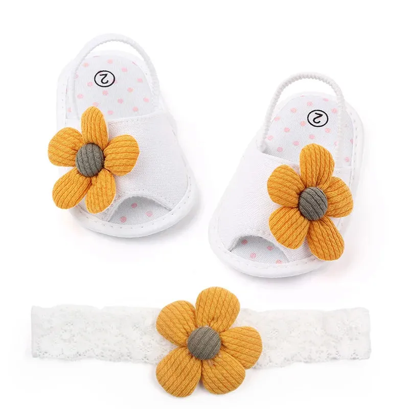 Baby Sandal with Hairband Cute Flower Design Soft Cotton Sandal for Spring and Summer Baby Girl 0-18M