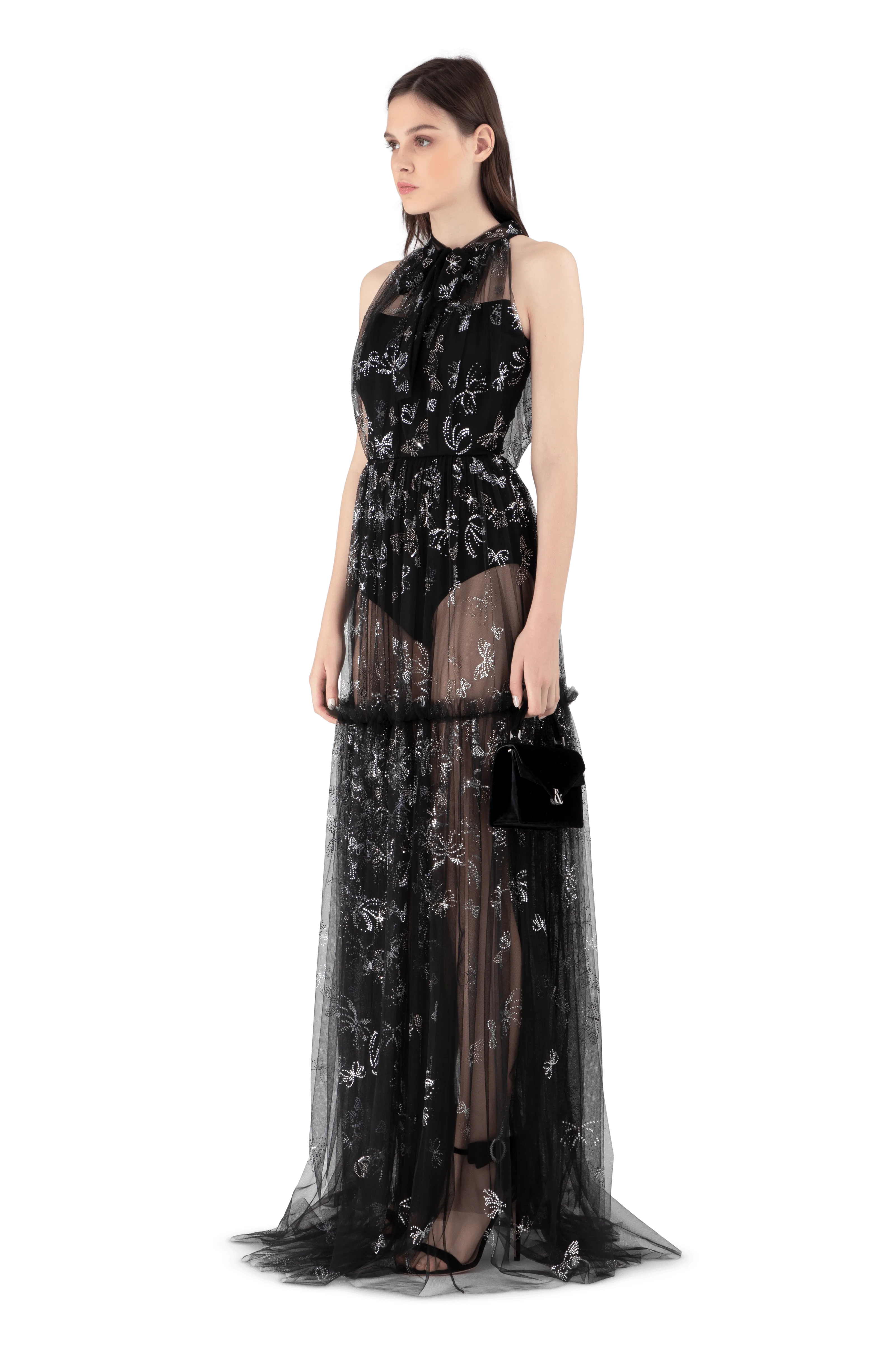 Black Invisible Tulle Butterfly Tier Gown