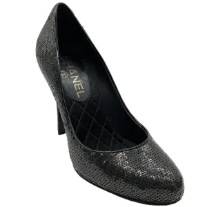 Chanel Black Sequined Pumps With Logo Heel