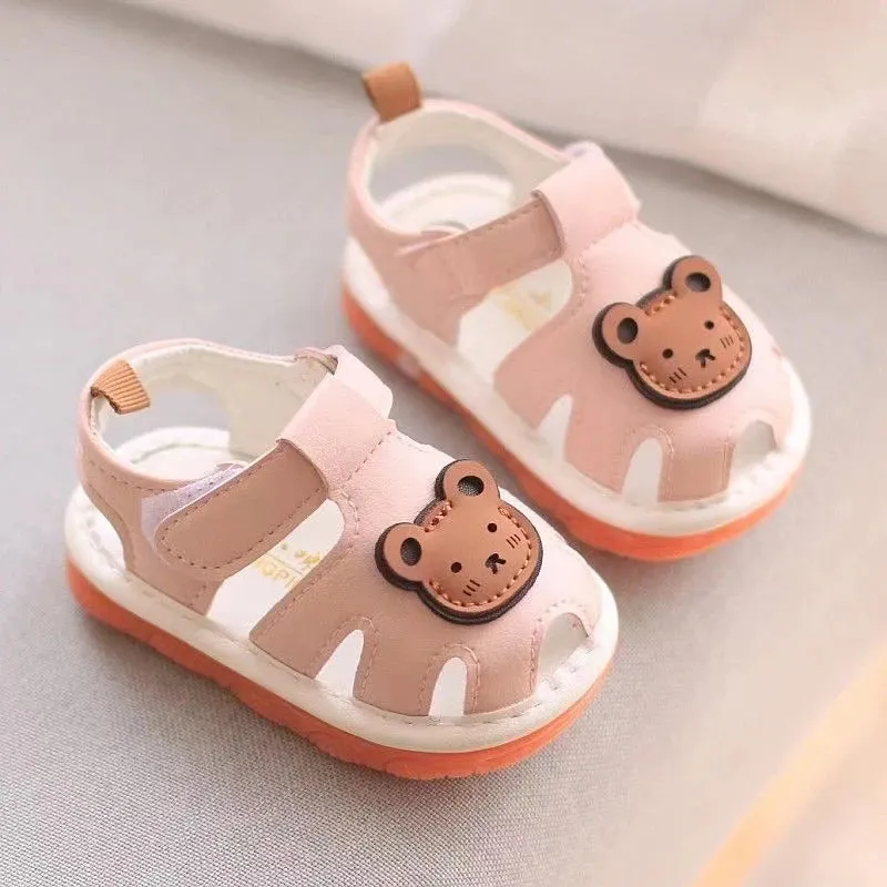 Kids Baby Barking Shoes Summer Cute Cartoon Bear Pattern Sandal Can Make A Sound Toddler Soft Soled Non-Slip Casual Shoes 0-1Y