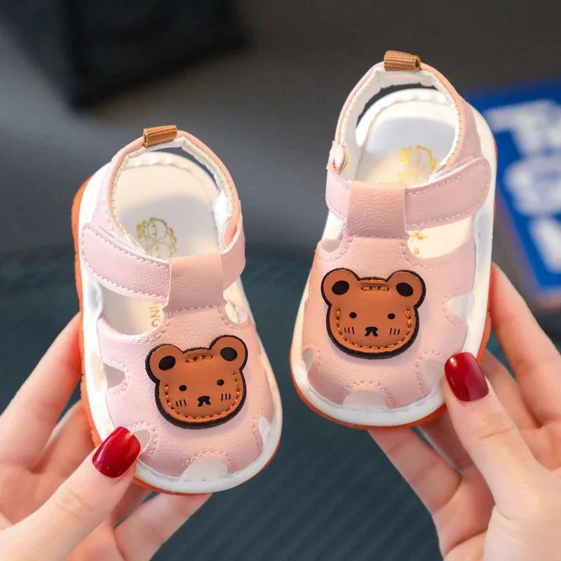 Kids Baby Barking Shoes Summer Cute Cartoon Bear Pattern Sandal Can Make A Sound Toddler Soft Soled Non-Slip Casual Shoes 0-1Y