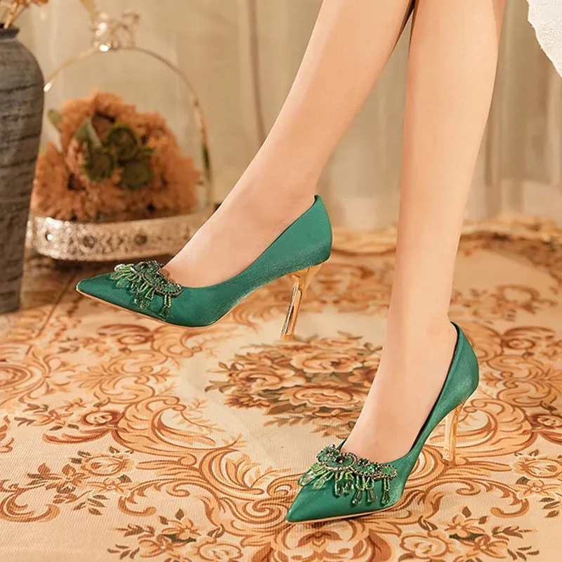 Luxury Green Silk High Heels Pumps Women Rhinestone Pointed Toe Dress Shoes Woman Stiletto Heels Shallow Banquet Shoes Female