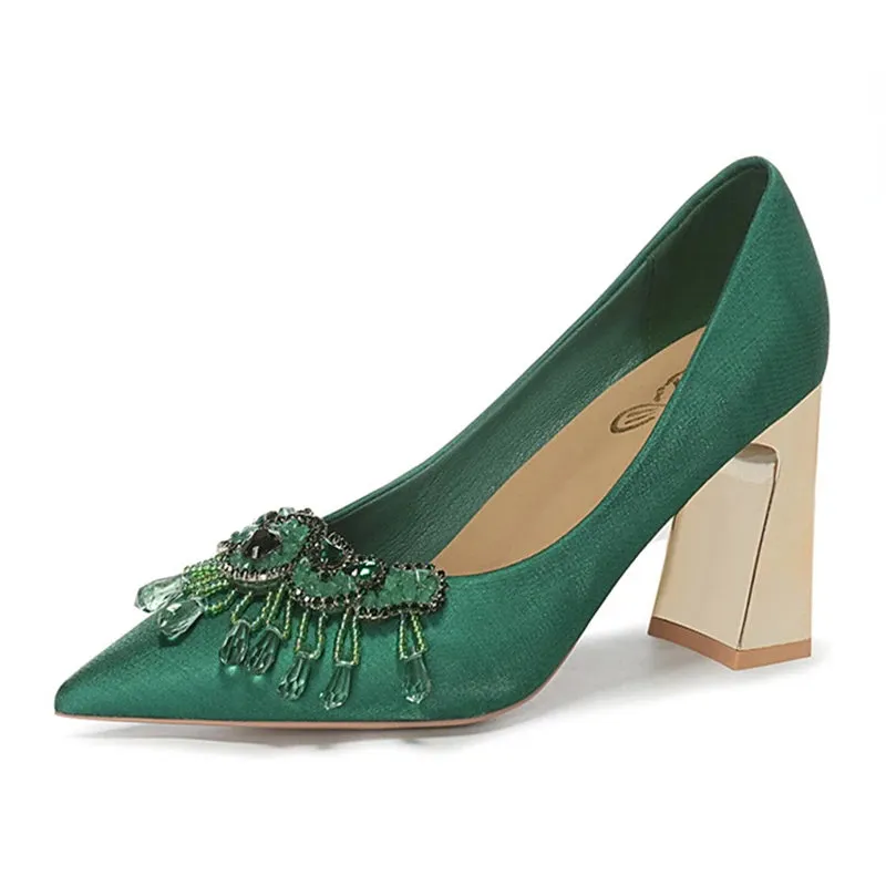 Luxury Green Silk High Heels Pumps Women Rhinestone Pointed Toe Dress Shoes Woman Stiletto Heels Shallow Banquet Shoes Female