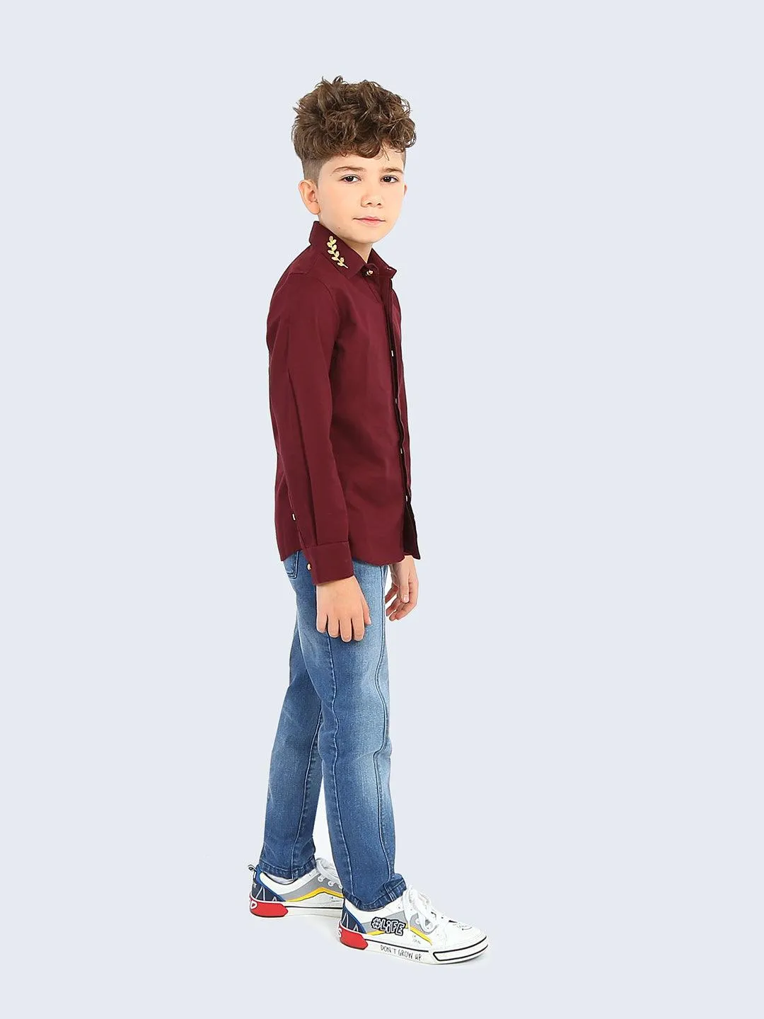 One Friday Kids Boy Burgundy Solid Cotton Woven Shirt