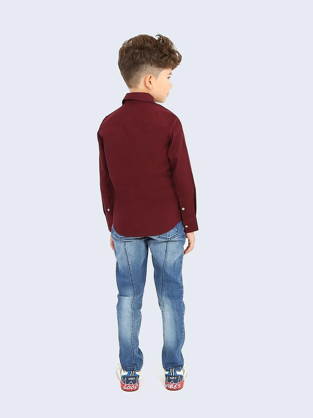 One Friday Kids Boy Burgundy Solid Cotton Woven Shirt