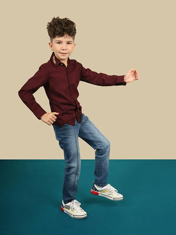 One Friday Kids Boy Burgundy Solid Cotton Woven Shirt