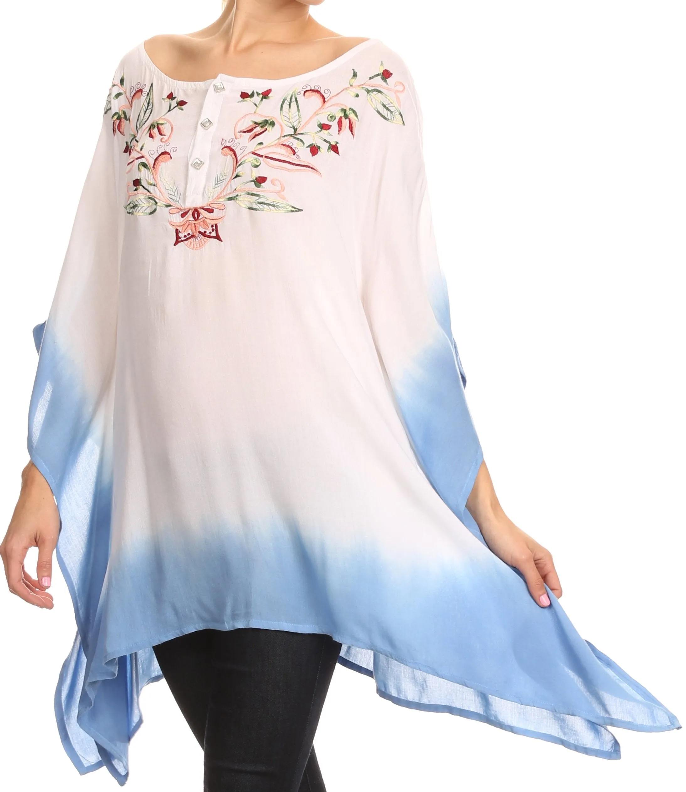 Sakkas Saleei Long Wide Square Ombre Floral Embroidered  Jewel Button Poncho Top