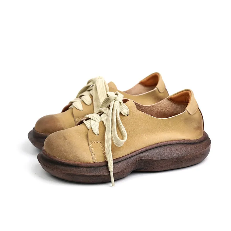 Soft Leather Lace-Up Casual Shoes Retro Platform Oxfords in Beige/Coffee