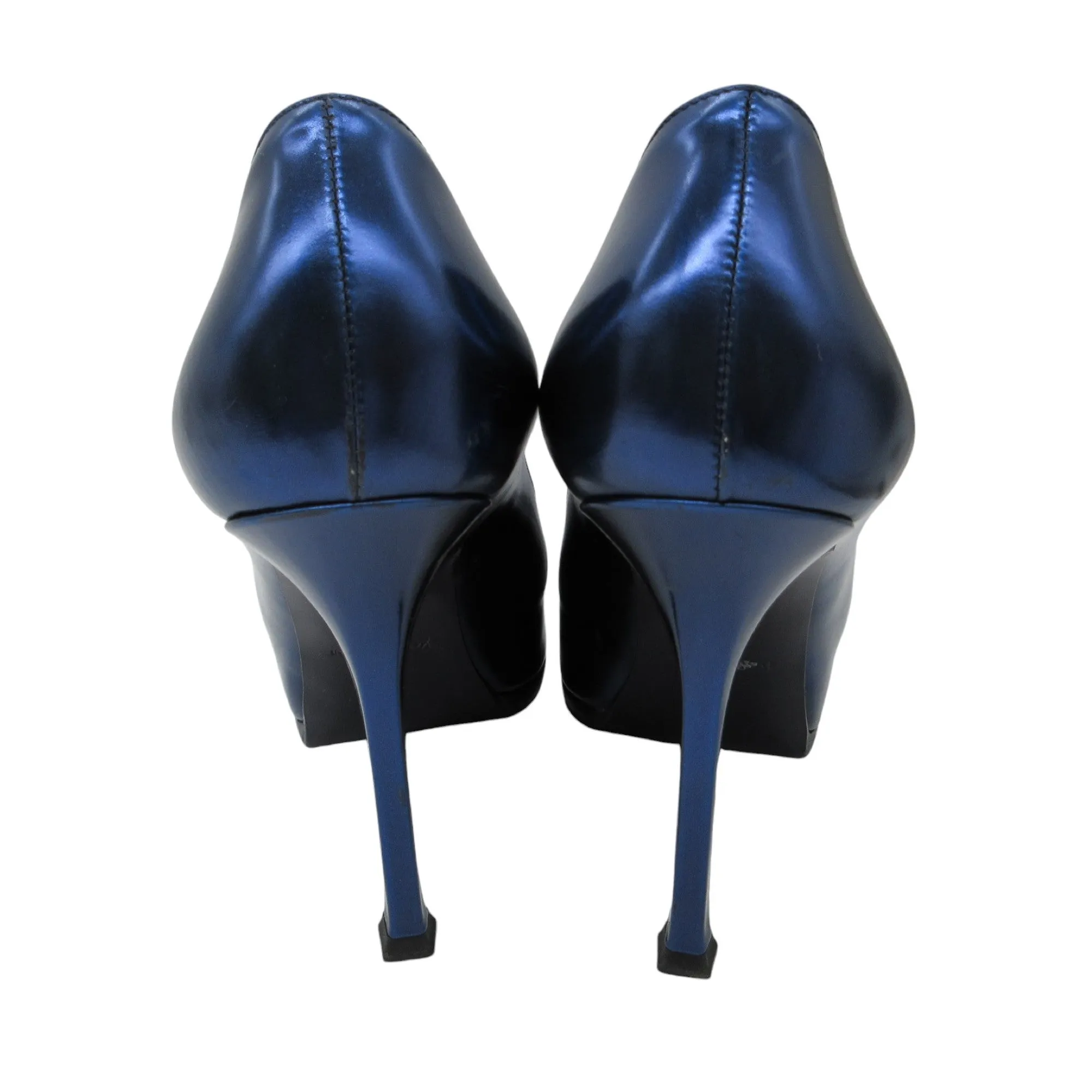 Yves Saint Laurent Blue Metallic Leather Tribtoo 80 Platform Pump